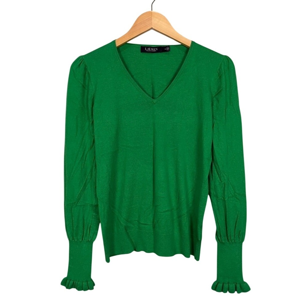 Lauren Ralph Lauren Women's Green V Neck Sweater Ruffle Cuff Gold Button Size M